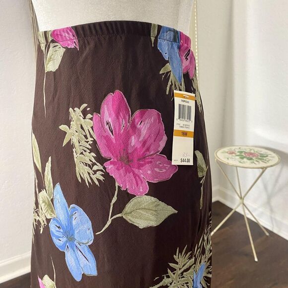 Deadstock JM Collection NWT Early 2000's Ruffle Brown Mesh Floral Midi Skirt 16W - Picture 4 of 6